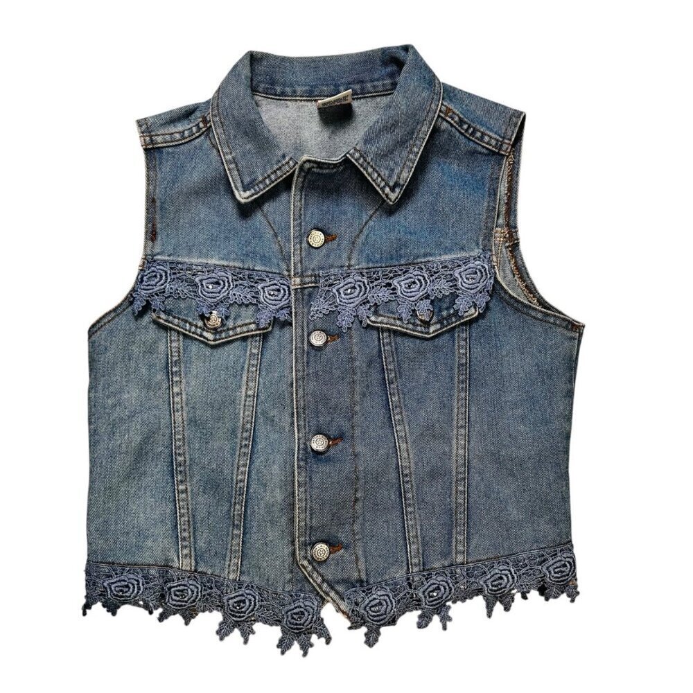 Vintage Watch LA Denim Jean Vest Lace Blue Fem Cottage Flirty